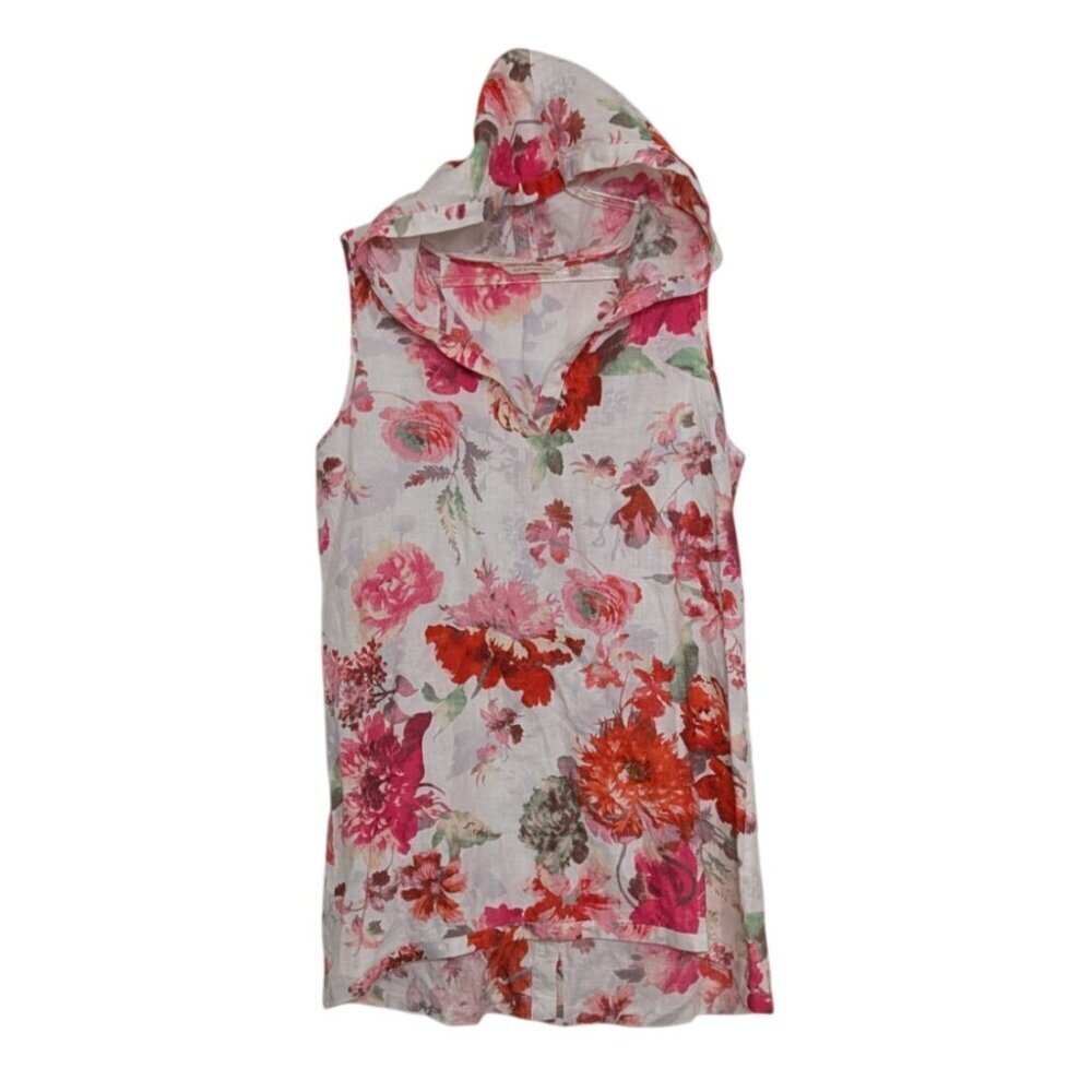 Soft Surroundings Floral Tunic Womens Size Medium 100% Linen Hooded Popover